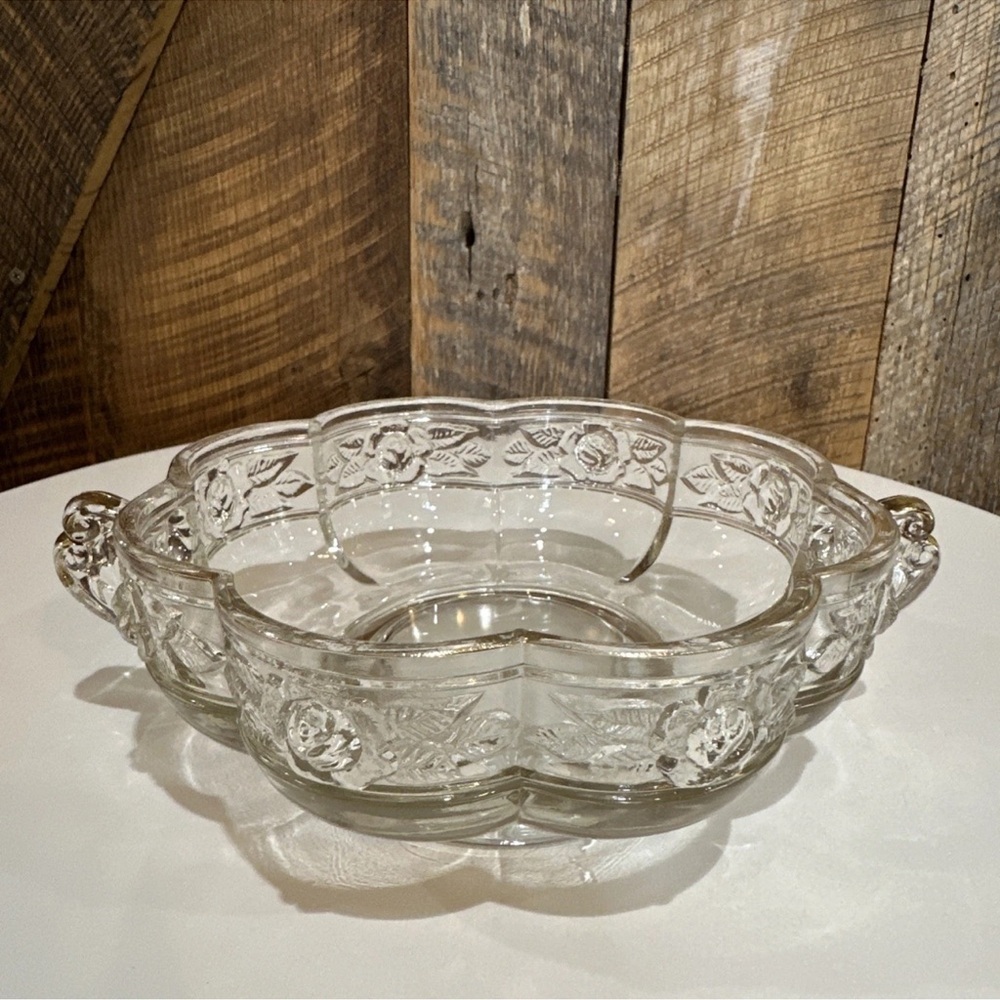 Vintage Jennette Glass Aztec Rose Candy Dish Gold Trim Double Handles 6.25”